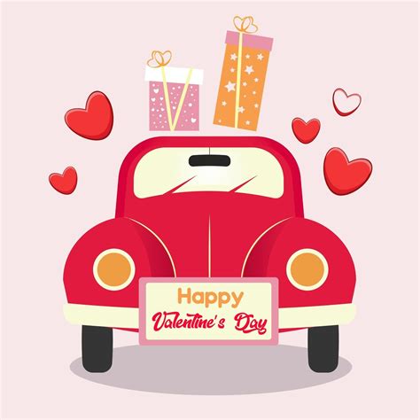 Valentines Day Greeting Card With Red Car Greeting Lettering Hearts