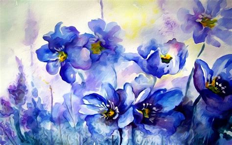 Wallpaper Watercolor painting, blue flowers 1920x1080 Full HD 2K Picture, Image