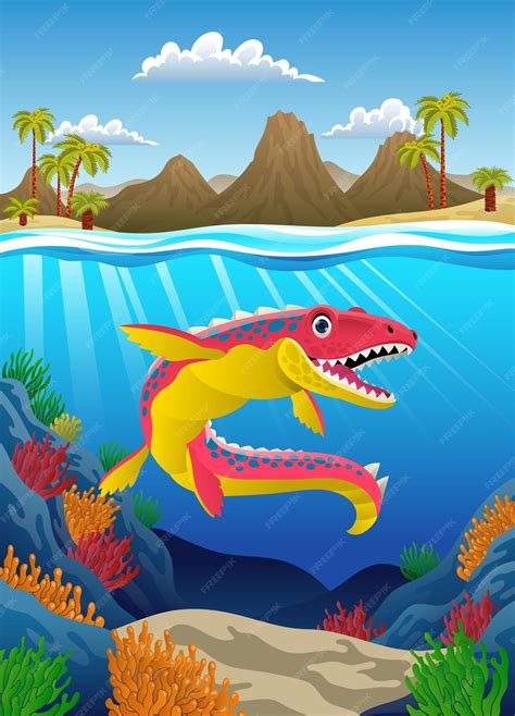 Premium Vector Happy Cartoon Mosasaurus Dinosaurs In Prehistoric