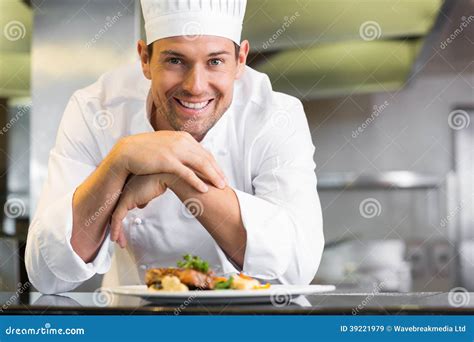 Smiling Male Chef With Cooked Food In Kitchen Stock Image Image Of