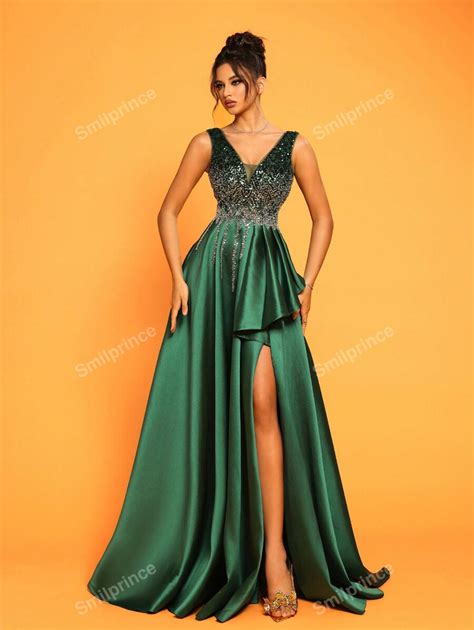 Smilprince A Line V Neck Straps Beaded Satin Floor Length Evening Dress With High Slit Elegant