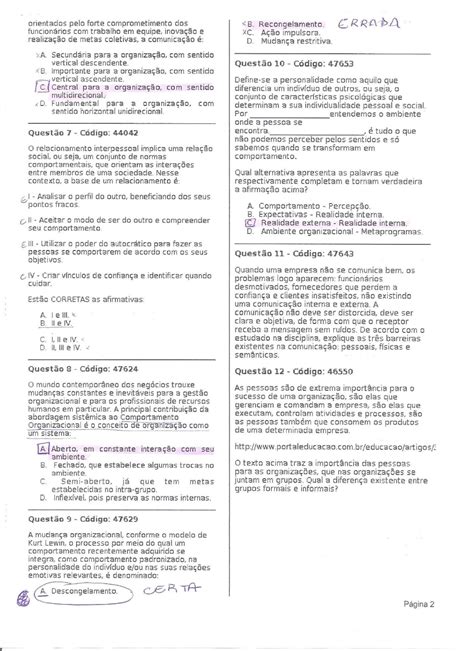 Prova Presencial De Comportamento Clima E Cultura Organizacional