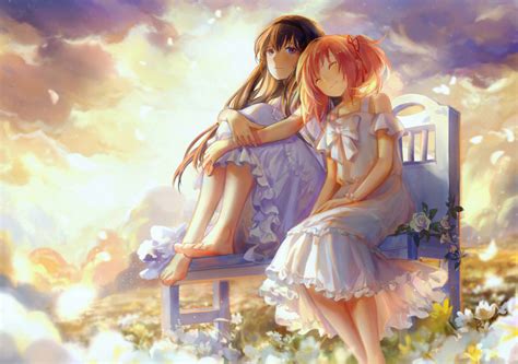 2girls Akemi Homura Barefoot Black Hair Bow Clouds Dress Flowers