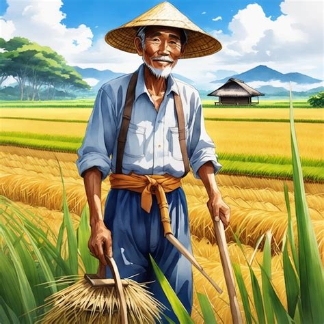 Retrato Ilustrativo De Um Velho Agricultor Indon Sio Usando Um Chap U