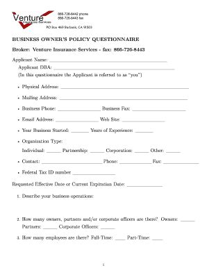 Fillable Online Bop Questionnaire Venture Insurance Services Fax