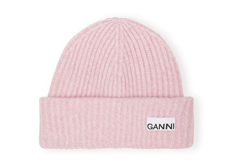 Light Pink Fitted Rib Knit Wool Beanie Ganni Uk