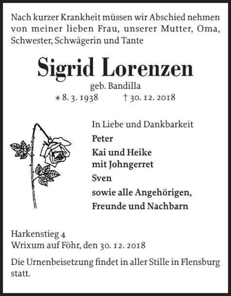 Traueranzeigen Von Sigrid Lorenzen Sh Z Trauer