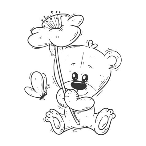 Cute Bear Is Holding A Flower For Coloring 27713277 Vector Art At Vecteezy