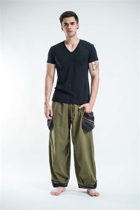 Thai Cotton Men Drawstring Pants With Hill Tribe Trim Olive Harem Pants