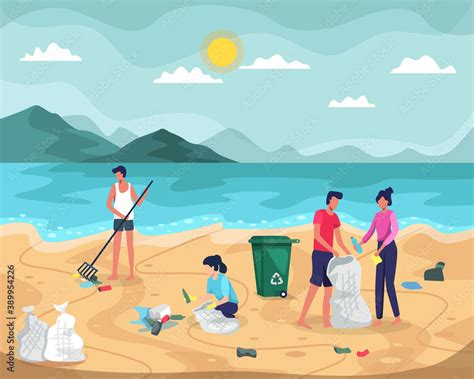 Beach Cleaning Vector Illustration People Collecting Trash Into Bags