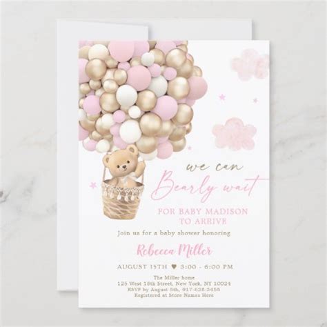Pink Gold Teddy Bear Hot Air Balloon Baby Shower Invitation Zazzle