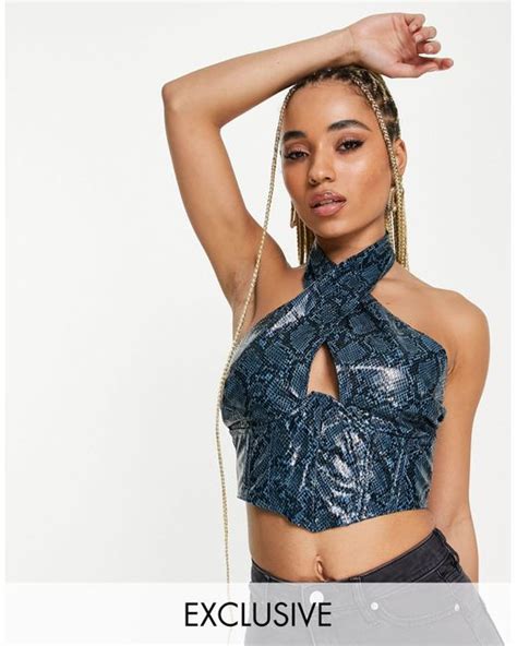 Missguided Faux Leather Halter Neck Crop Top In Blue Lyst