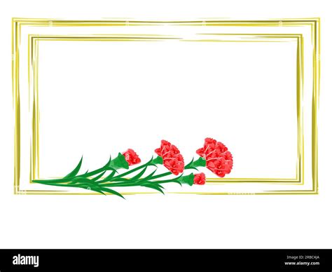 Red Carnations Cover Rectangle Golden Frame Watercolor Illustration