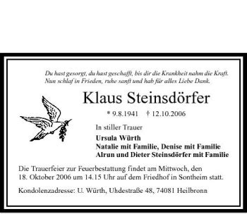 Traueranzeigen Von Klaus Steinsd Rfer Trauerundgedenken De