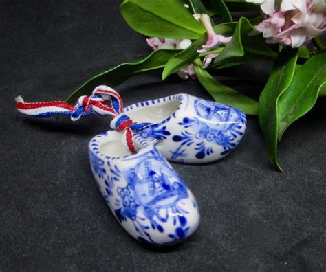 Miniature Pair Ceramic Dutch Clogs Tiny Hand Painted Blue And White