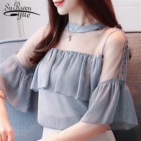 Feminine Blouses 2018 Fashion Chiffon Women Blouse Shirt Sexy Hollow Summer Women Tops Chiffon