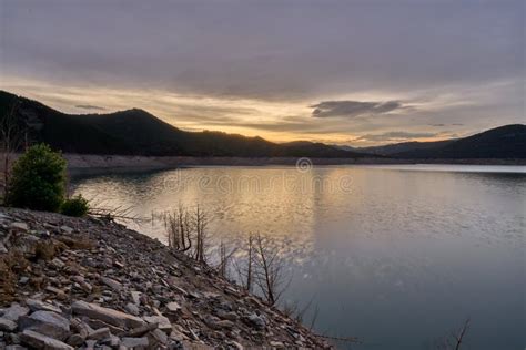 View Of The Itoiz Reservoir In Navarra Very Empty Due To The Summer