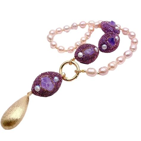 Y Ying Cultured Purple Rice Pearl Amethyst Druzy Crystal Pave Pendant