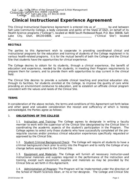 Clinical Instructional Experience Agreement Slcc Doc Template Pdffiller