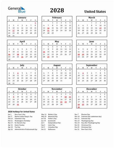 2028 United States Calendar with Holidays