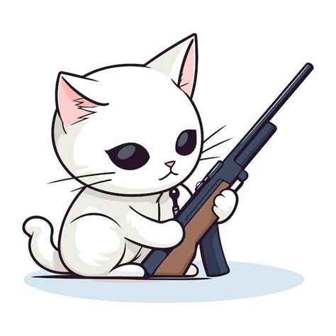 Cute White Cat With A Rifle Vector Illustration On White Background