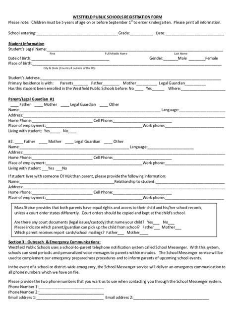 Fillable Online WESTFIELD PUBLIC SCHOOLS REGISTRATION FORM Fax