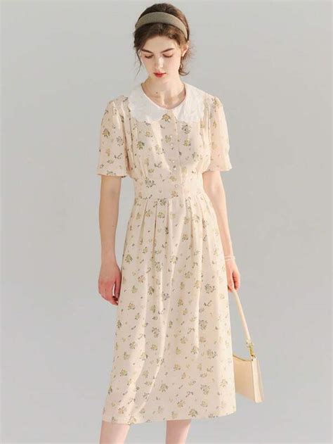 Simple Retro Ditsy Floral Print Peter Pan Collar Puff Sleeve Dress For