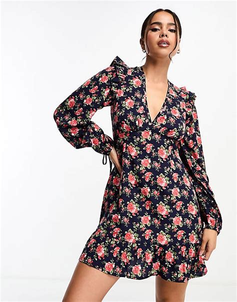 Wednesdays Girl Vintage Ditsy Floral Ruffle Sleeve Mini Dress In Blue Asos