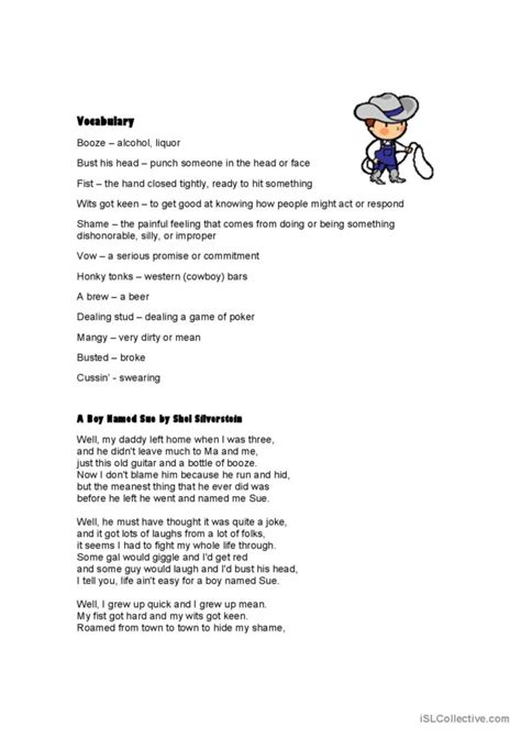 A Boy Named Sue song and nursery rhy…: English ESL worksheets pdf & doc