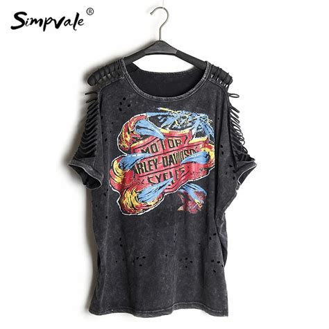 Women Punk Rock T Shirt Graffiti Print Vintage Hollow Out Batwing