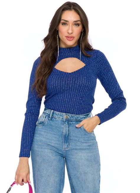 Blusa Manga Longa Em Tricot Decote Azul Doce Trama