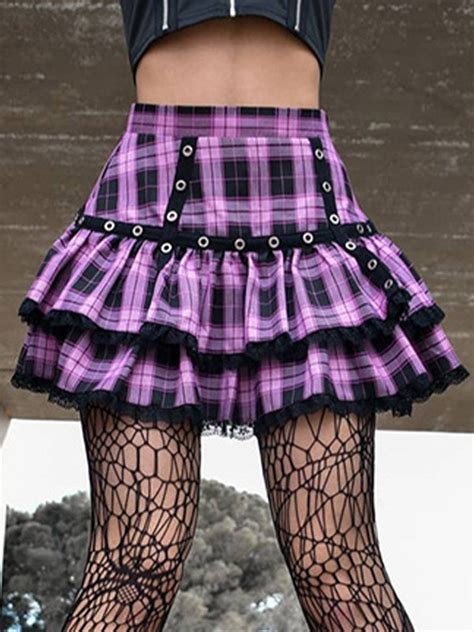 Emmiol Free Shipping 2024 Checkered Print Skate Mini Skirt Purple M In