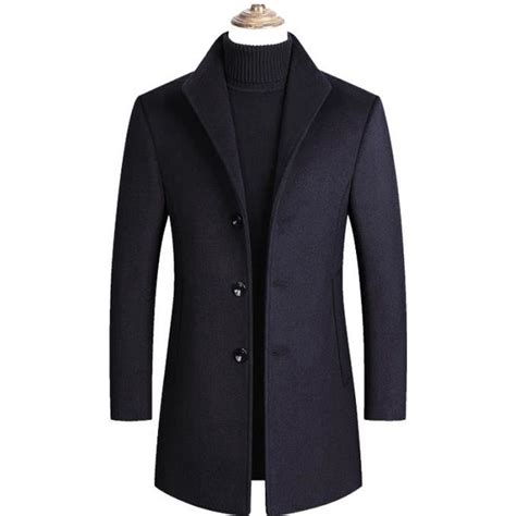 Manteau Homme Laine Pardessus Mi Long Caban Veste Chaud Bleu Bleu