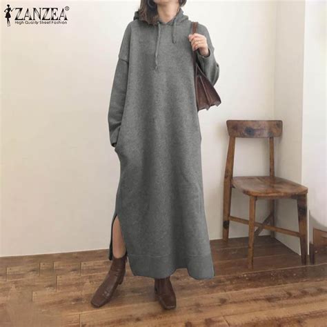 Zanzea Autumn Fashion Long Hoodies Dress Womens Loose Casual Long Sleeve Hoody Sweatshirt Dress