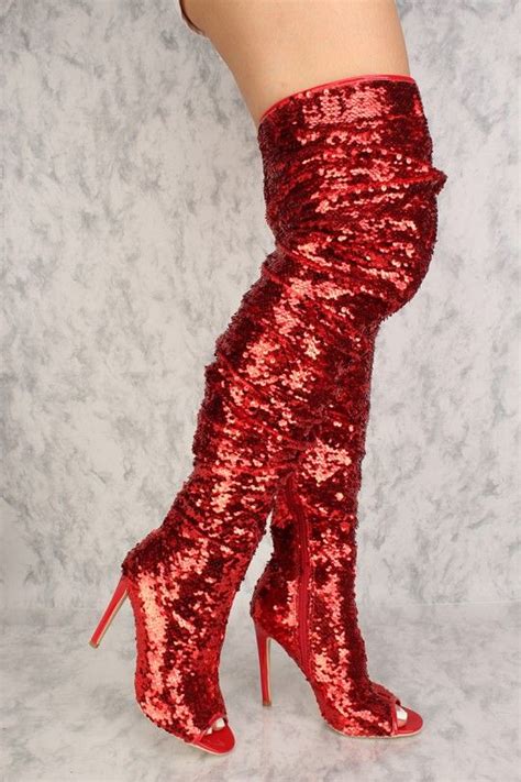 Red Sequin Rugged Peep Toe Single Sole Thigh High Boots Boots Knee