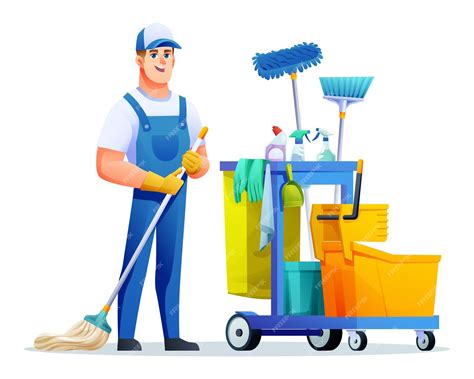 Premium Vector Cheerful Cleaning Man With Mop And Cleaning Equipment