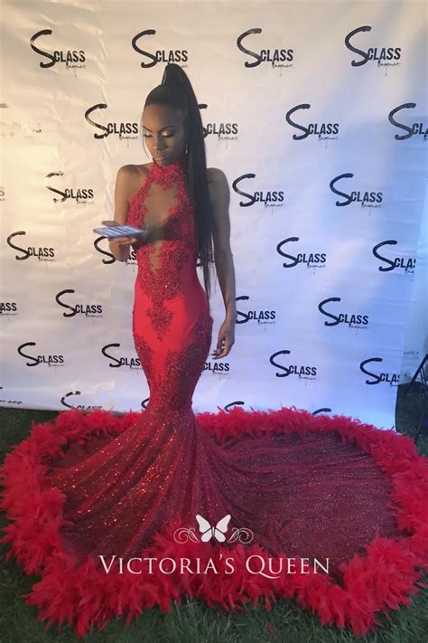 Red Sequin Mermaid Feathered Court Train Lace Plunging High Neck Long Prom Dress