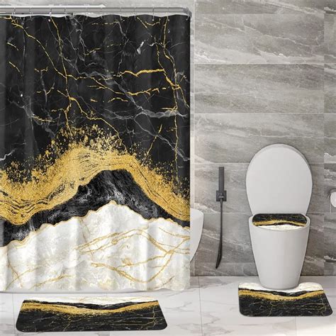 Black Gold Marble Shower Curtain Set Bath Mats Rugs Crack Ink Texture