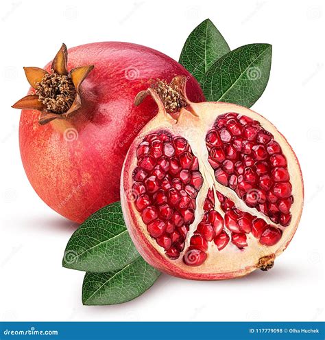 Ripe Pomegranate Fruit And One Cut In Half With Leaf Stock Photo