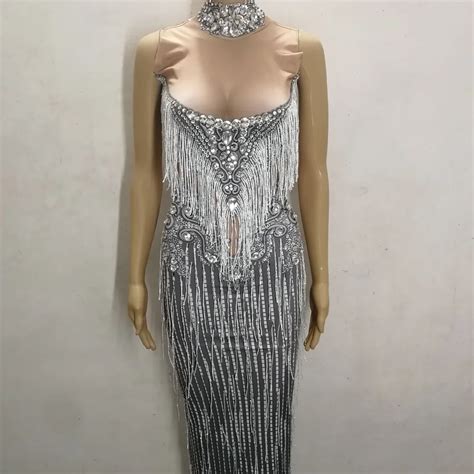 Super Bling Diamond White Tassels Long Dress One Piece Crystals Sexy Skinny Dress Nightclub