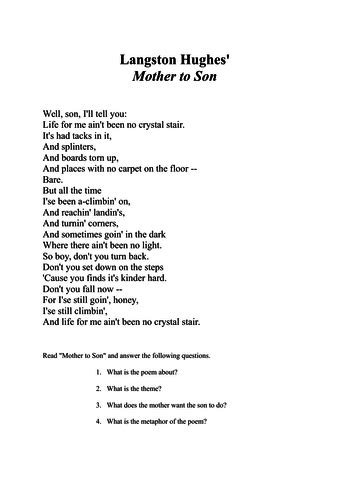 Mother To Son By Langston Hughes Teaching Resources