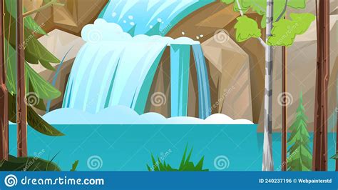 Landscape With Waterfall Among Rocks Cascade Shimmers Downward Water