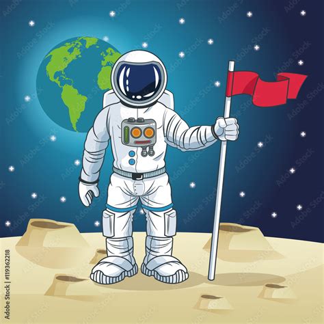 Astronaut flag planet earth moon stars spaceman cosmonaut space cartoon icon. Colorful design ...