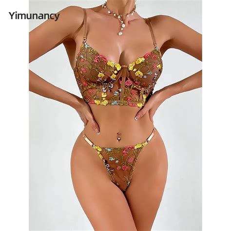 Yimunancy Floral Embroidery Lingerie Set Women 2 Piece Bra Brief