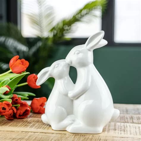 KERAMIK HASEN FIGUR glasiert weiß oder silber Osterdeko Osterhase Tisch