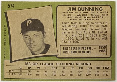 Jim Bunning Topps Philadelphia Phillies Baseball Card Kbk Sports