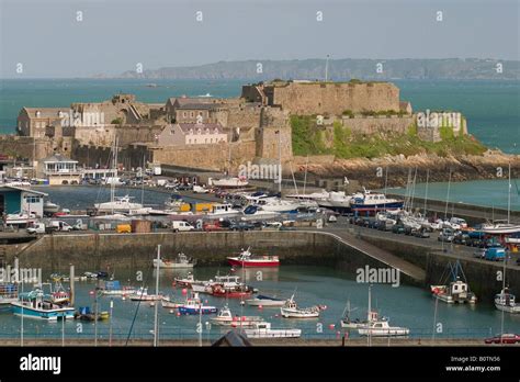 Channel Islands Guernsey Stpeter Port Harbour And Castle Cornet Stock