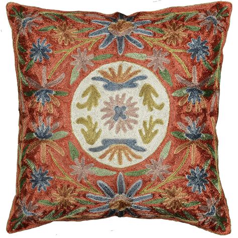 Light Coral Daisy Divine Pond Floral Pillow Cover Hand Embroidered 16″ X 16″ Kashmir Pillows