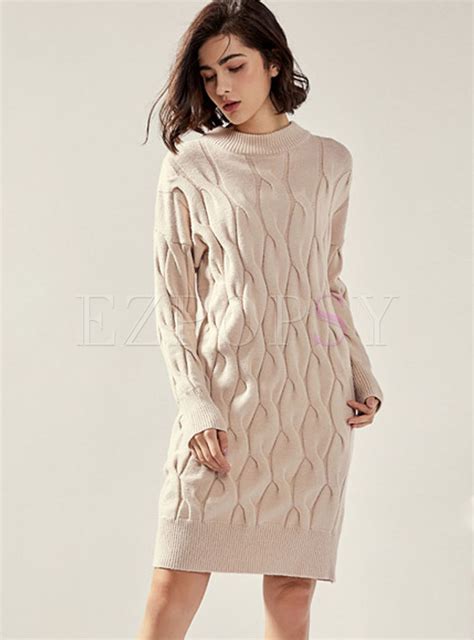 Dresses Knitted Dresses Crew Neck Cable Knit Sweater Dress