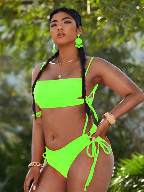 Plus Neon Lime Cut Out Tie Side Bikini Swimsuit SHEIN USA